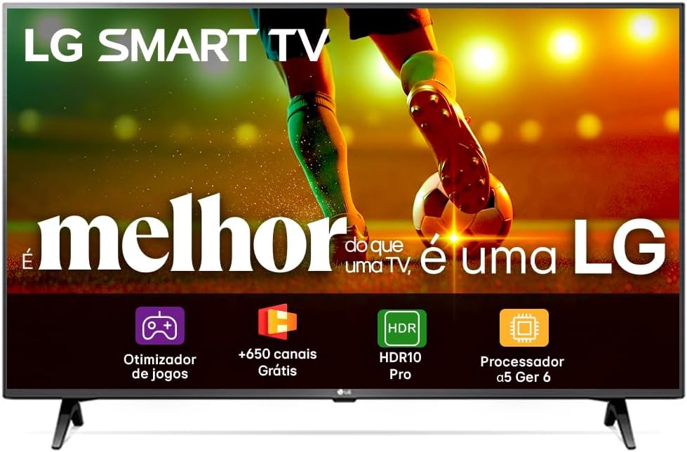 Smart TV 43 LG Full HD com tela vibrante e sistema inteligente instalado em uma sala de estar moderna.