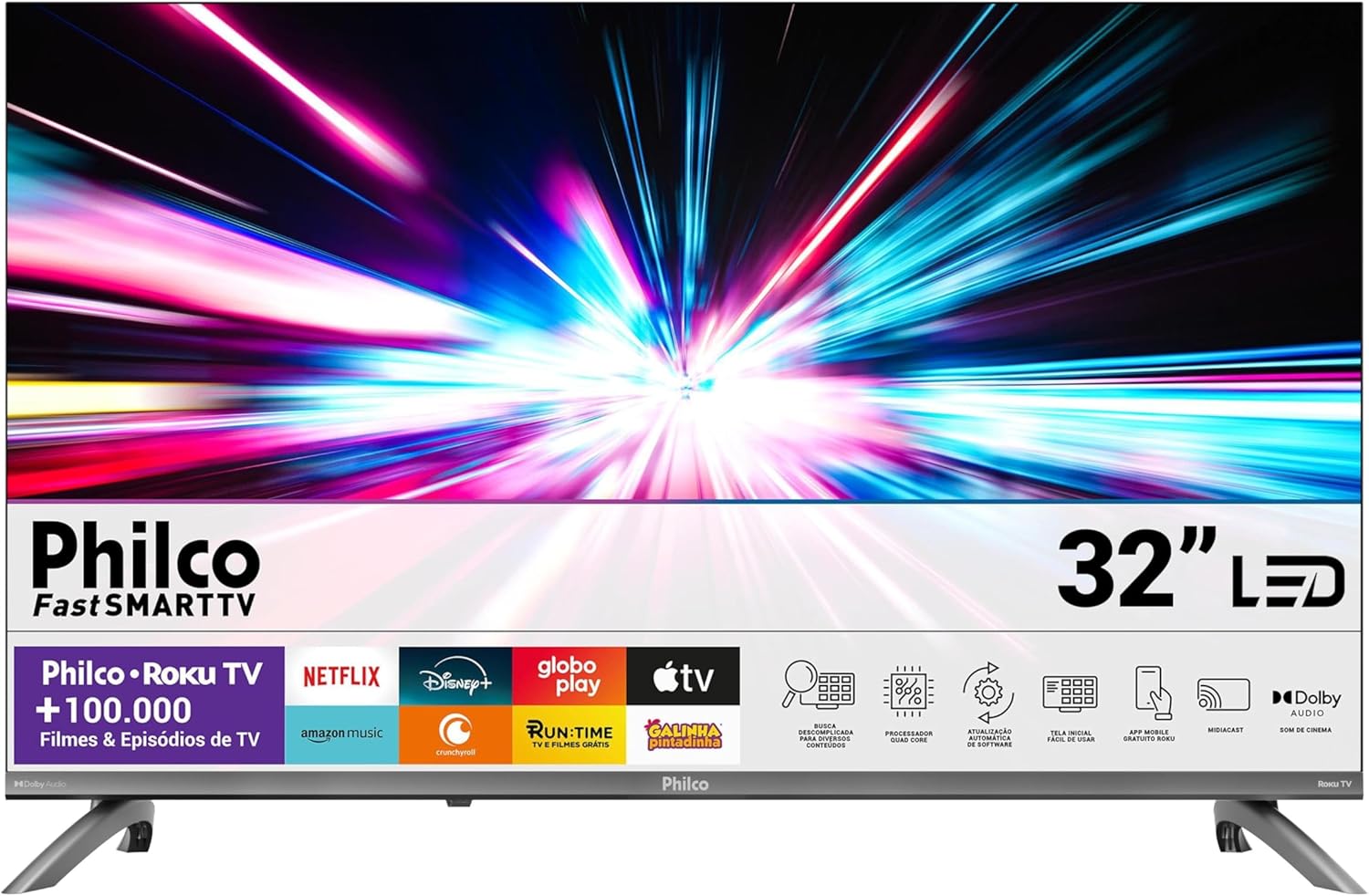 Smart TV Philco 32 polegadas Roku TV modelo P32CRB mostrando a tela inicial com aplicativos de streaming.