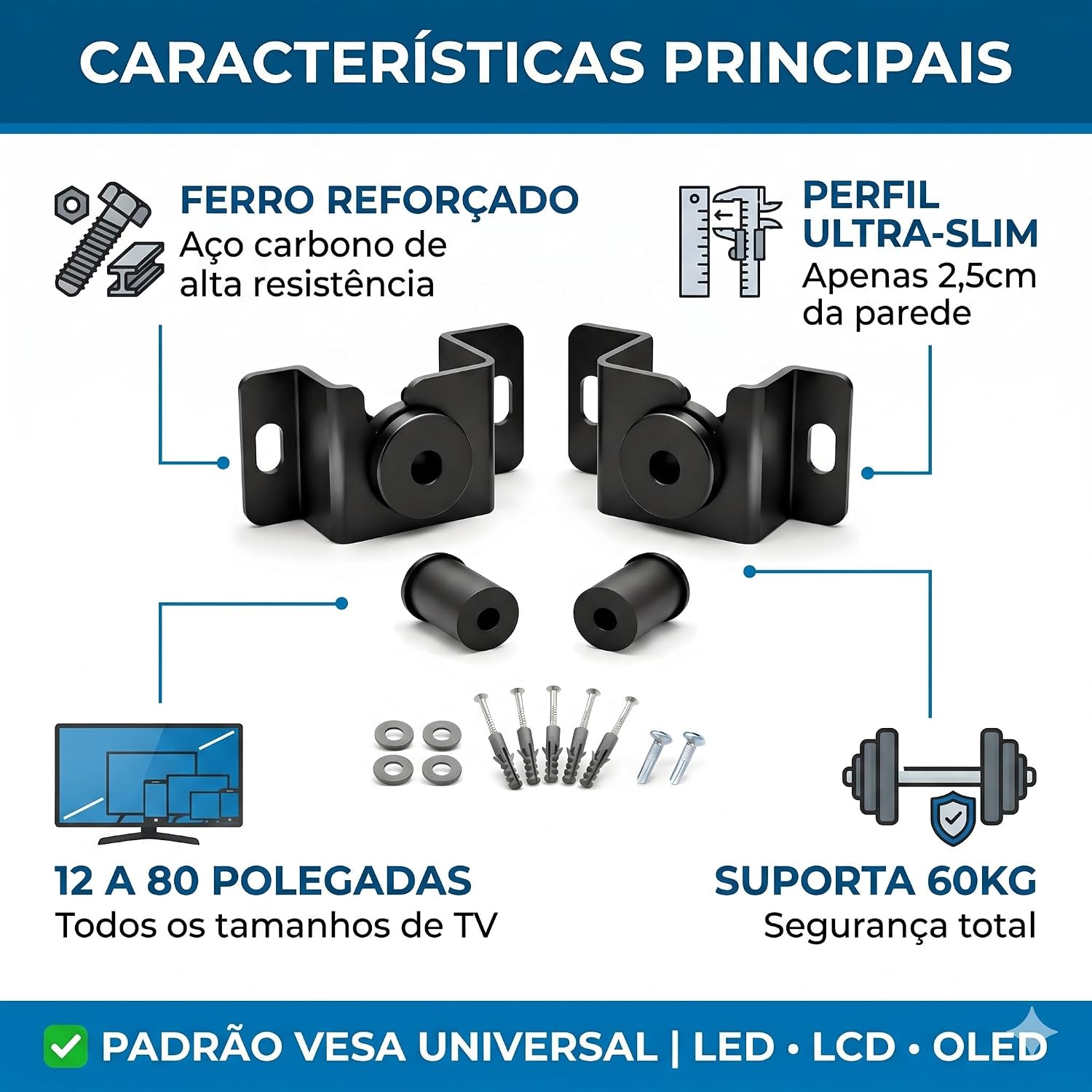 Suporte Fixo Universal Para TV 12" a 80" Parede Ultra Slim Perfil Baixo Aço Resistente Suporta 60kg Kit Completo Instalação LCD LED OLED Smart TV Preto - Imagem 2
