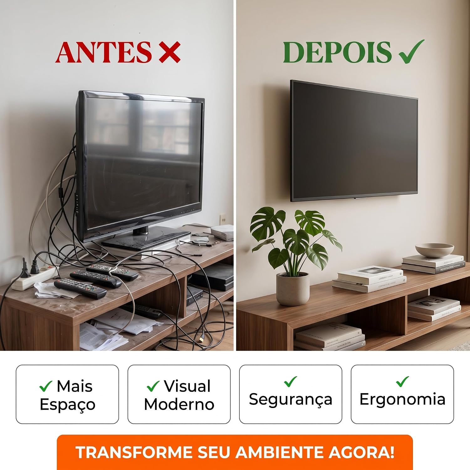 Suporte Fixo Universal Para TV 12" a 80" Parede Ultra Slim Perfil Baixo Aço Resistente Suporta 60kg Kit Completo Instalação LCD LED OLED Smart TV Preto - Imagem 7