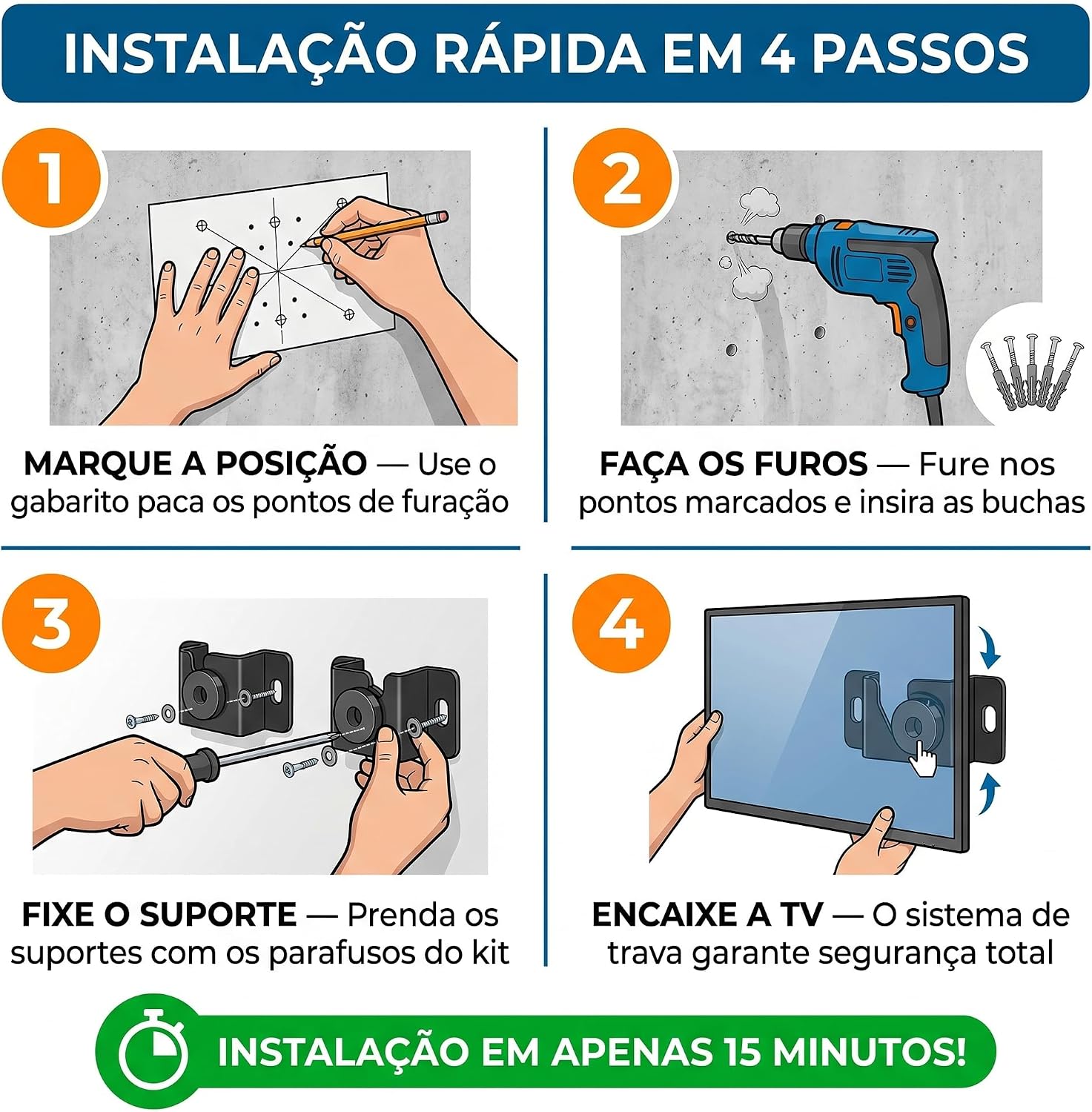Suporte Fixo Universal Para TV 12" a 80" Parede Ultra Slim Perfil Baixo Aço Resistente Suporta 60kg Kit Completo Instalação LCD LED OLED Smart TV Preto - Imagem 5