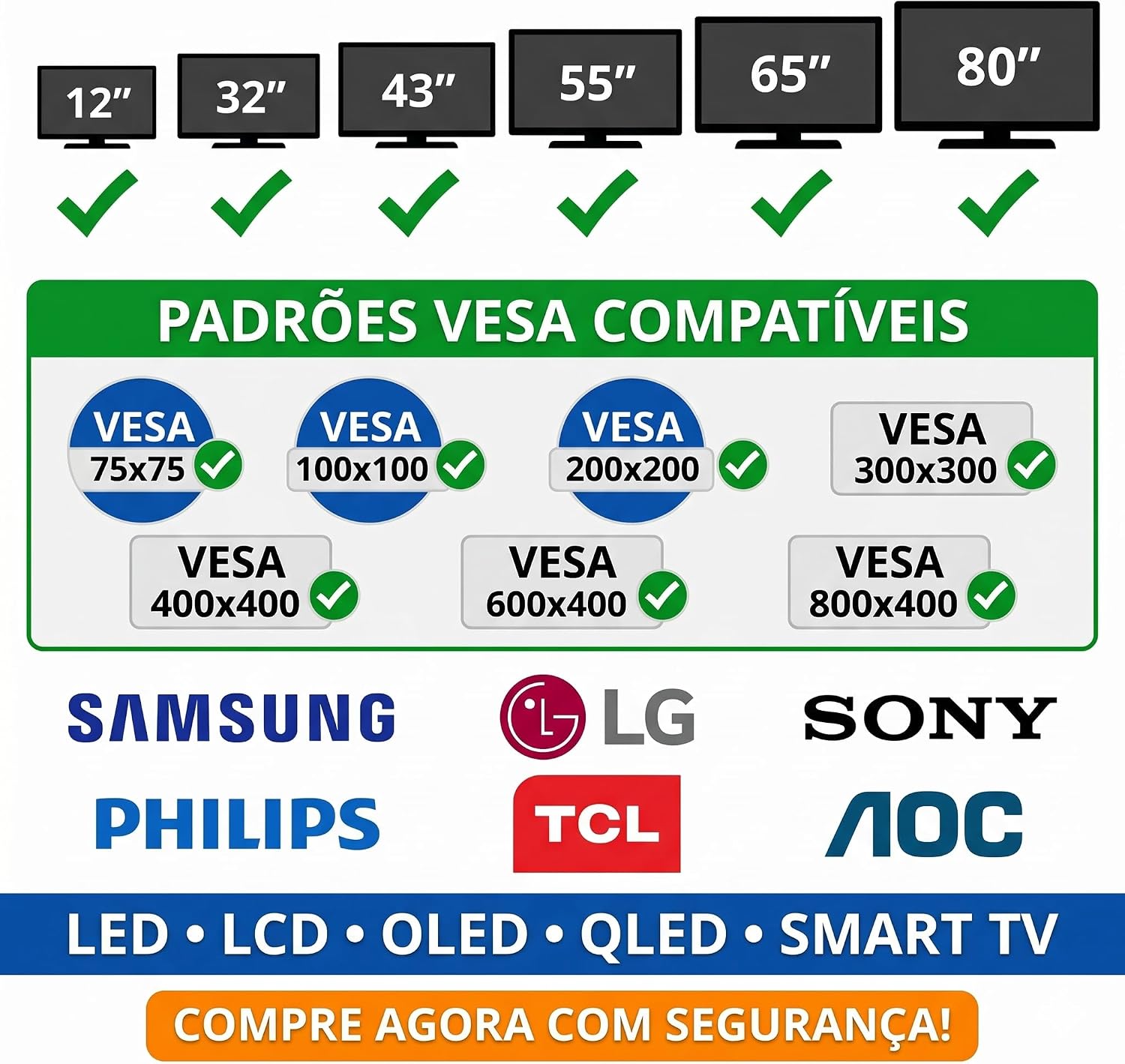 Suporte Fixo Universal Para TV 12" a 80" Parede Ultra Slim Perfil Baixo Aço Resistente Suporta 60kg Kit Completo Instalação LCD LED OLED Smart TV Preto - Imagem 3