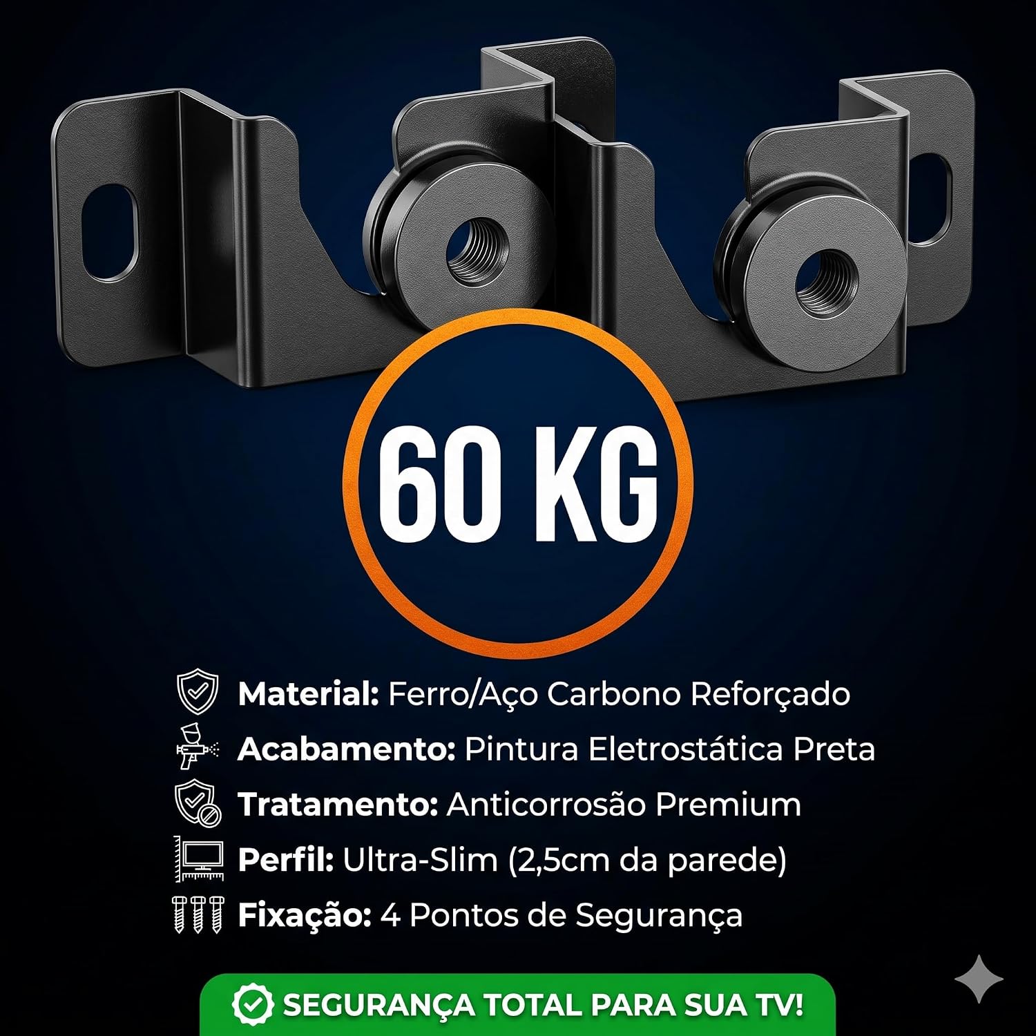 Suporte Fixo Universal Para TV 12" a 80" Parede Ultra Slim Perfil Baixo Aço Resistente Suporta 60kg Kit Completo Instalação LCD LED OLED Smart TV Preto - Imagem 8
